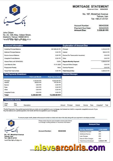 Iran Sina Bank mortgage statement Word and PDF template